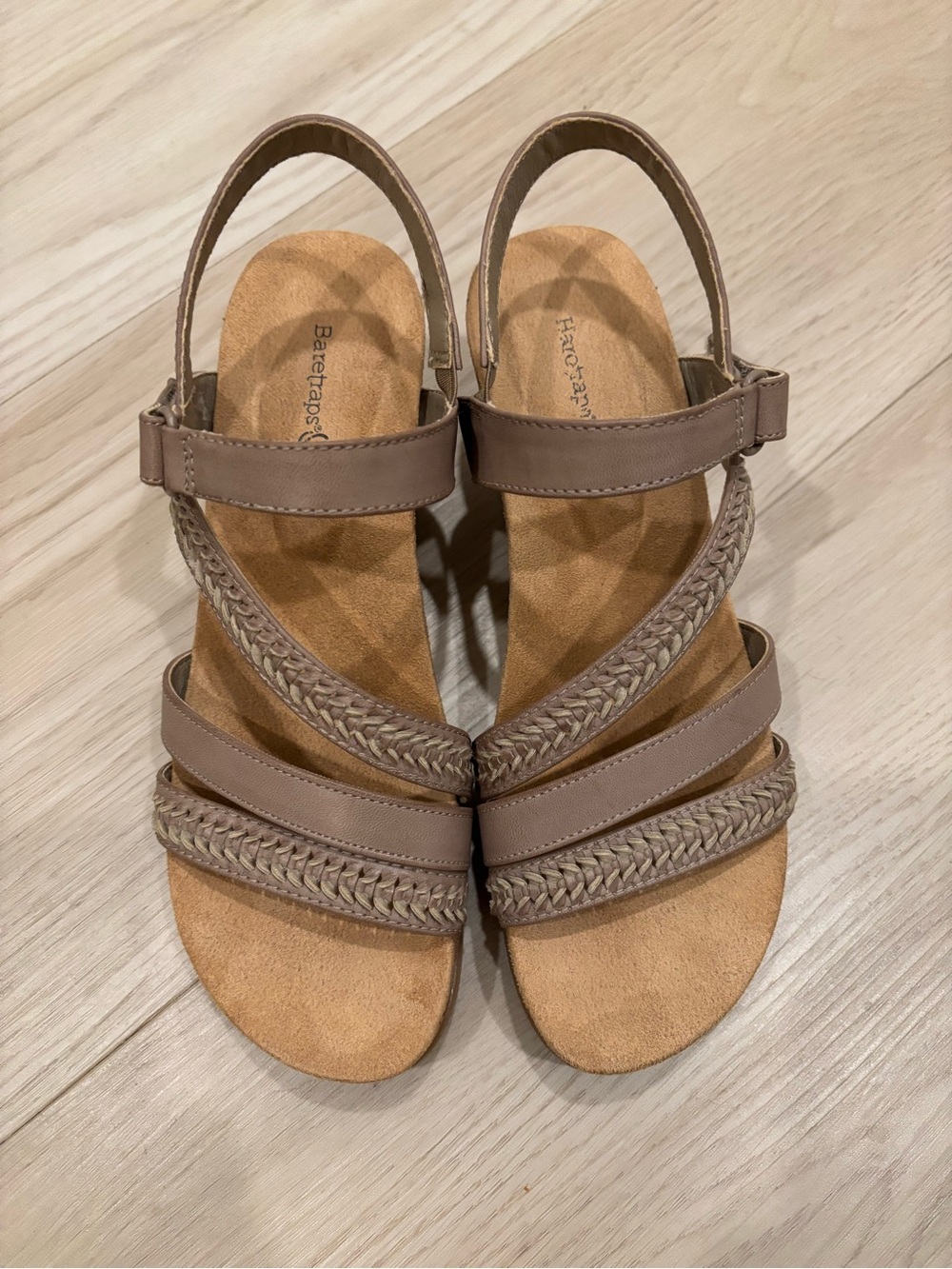 BareTraps Ciara Wedge Taupe Braided Strap Slingback Sandals size 9